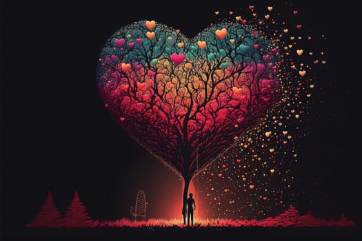 Beautiful illustration of a valentine´s day of a lonely character holdig a heart shapped balloon beside a colorful decorated tree on a dark background.