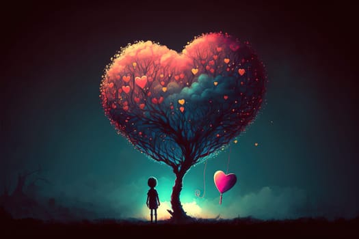 Beautiful illustration of a valentine´s day of a lonely character holdig a heart shapped balloon beside a colorful decorated tree on a dark background.