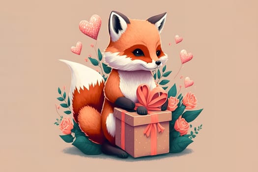 Cute foxy with Valentines presents animal for Valentine greeting card design, banner, sticker, home.