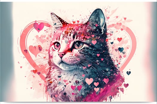Amazing Abstract artwork of the single cat sitting in the lovely background full of pink hearts. Love and relationship Concept.
