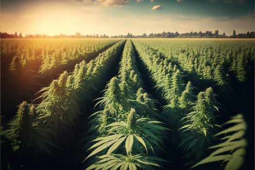 Cannabis hemp plants being grown in a field. Marijuana crop farming.