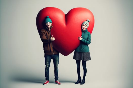 Cute couple holding a big red puzle heart, Valentines day and love concept.
