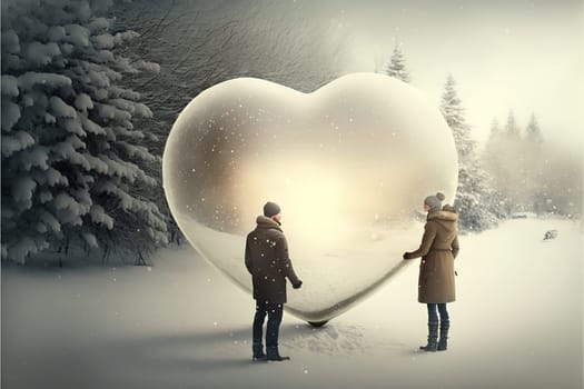 Couple in love dressed for winter outdoors enjoying a romantic moment with a white floating heart above.