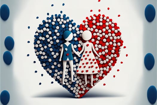 Cute couple in love on a big heart composed of small red, blue and white hearts. Valentine´s or wedding card .