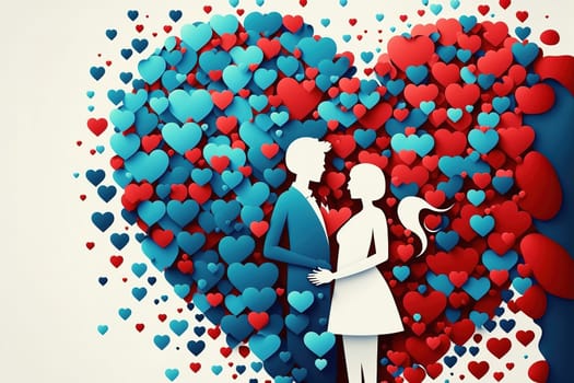 Cute couple in love on a big heart composed of small red, blue and white hearts. Valentine´s or wedding card .