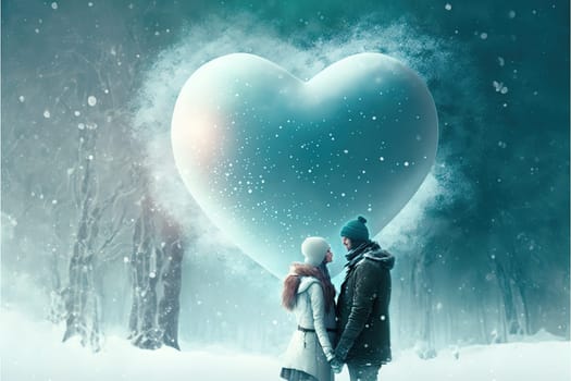 Couple in love dressed for winter outdoors enjoying a romantic moment with a white floating heart above.
