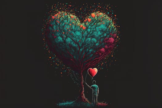 Beautiful illustration of a valentine´s day of a lonely character holdig a heart shapped balloon beside a colorful decorated tree on a dark background.
