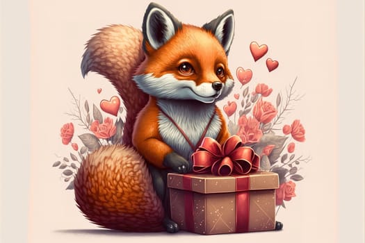 Cute foxy with Valentines presents animal for Valentine greeting card design, banner, sticker, home.