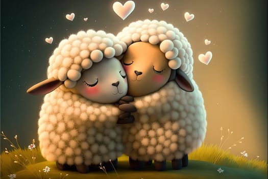 Little sheep in love hugging, kissing and enjoying in their love. Baby sheep illustrated cartoon characters from a fairy tale celebrating Valentine's Day.