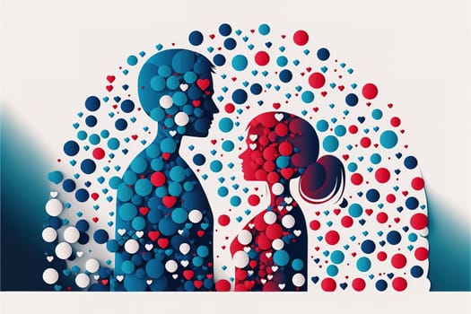 Cute couple in love on a big heart composed of small red, blue and white hearts. Valentine´s or wedding card.