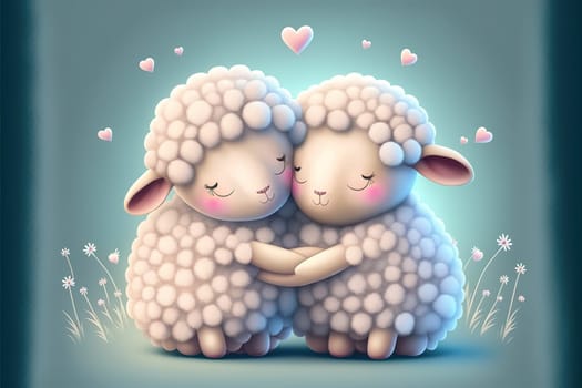 Little sheep in love hugging, kissing and enjoying in their love. Baby sheep illustrated cartoon characters from a fairy tale celebrating Valentine's Day.