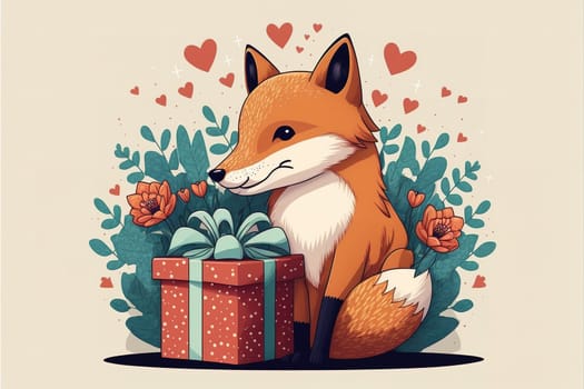 Cute foxy with Valentines presents animal for Valentine greeting card design, banner, sticker, home.