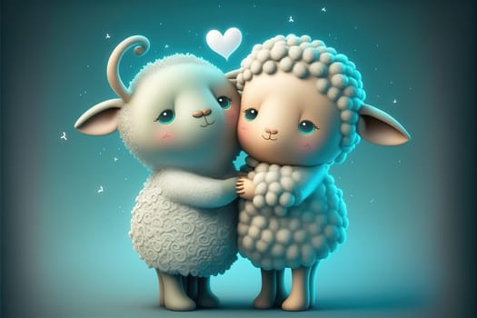 Little sheep in love hugging, kissing and enjoying in their love. Baby sheep illustrated cartoon characters from a fairy tale celebrating Valentine's Day.
