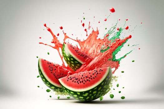 Fresh slices of watermelon flying on a plain background with exploding juice splash.
