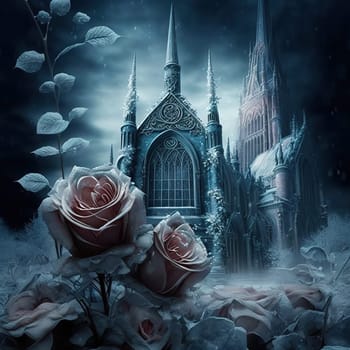 Roses draped with frost fantasy magical with gothic church background.