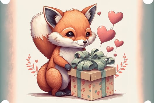 Cute foxy with Valentines presents animal for Valentine greeting card design, banner, sticker, home.
