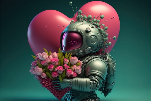Futuristic love alien warrior astronaut robot in cyber suit, helmet made of fresh Spring flowers and hearts balloon, mask portrait. Valentine's Day from space. A fictional 3d character.