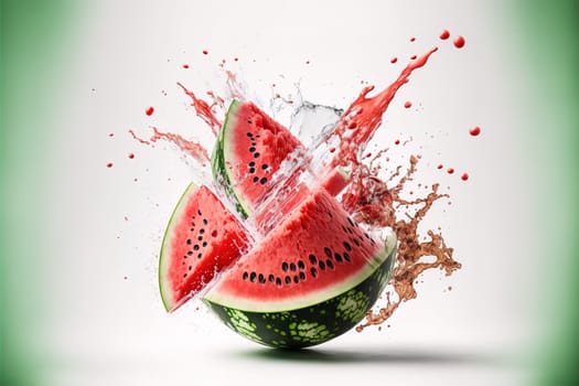 Fresh slices of watermelon flying on a plain background with exploding juice splash.