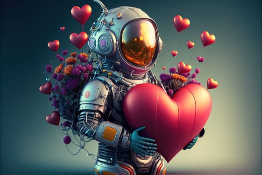 Futuristic love alien warrior astronaut robot in cyber suit, helmet made of fresh Spring flowers and hearts balloon, mask portrait. Valentine's Day from space. A fictional 3d character.