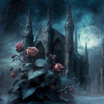 Roses draped with frost fantasy magical with gothic church background.