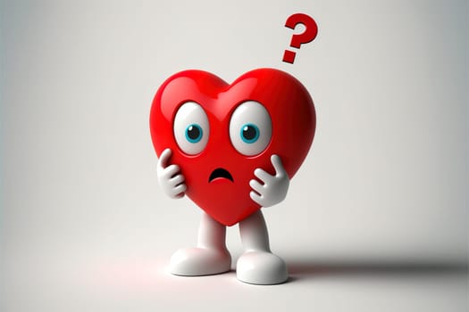 Character mascot with a red heart and a question mark on a white backdrop.