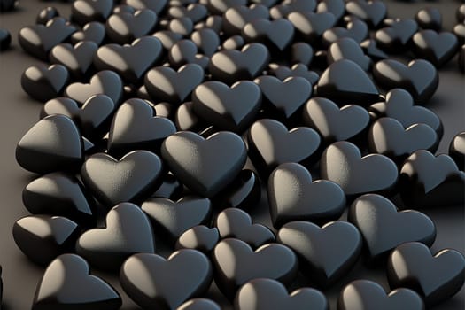 Heap from many small black hearts. Valentine day design concept. Love background. 3D rendering image.