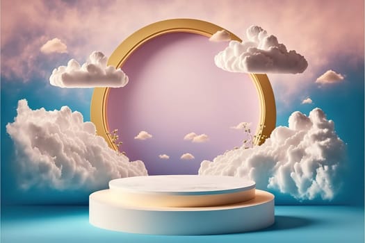 Natural beauty podium backdrop for product display with dreamy sky background. Romantic 3d scene.