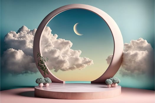 Natural beauty podium backdrop for product display with dreamy sky background. Romantic 3d scene.