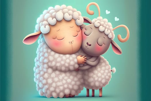 Little sheep in love hugging, kissing and enjoying in their love. Baby sheep illustrated cartoon characters from a fairy tale celebrating Valentine's Day.