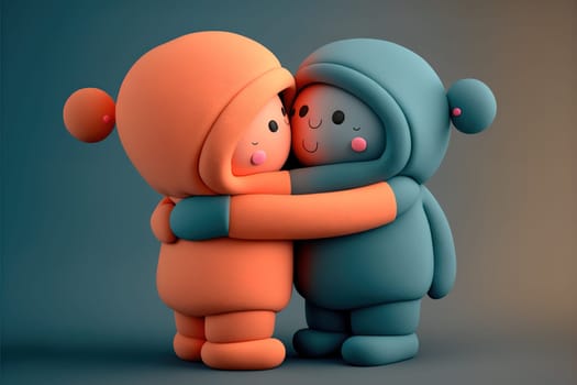 Two cute felt and rubber 3d render characters giving hugs to each others, agenerative id,valentine day or hugs day perfect illustration for poscards.