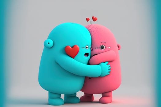 Two cute felt and rubber 3d render characters giving hugs to each others, agenerative id,valentine day or hugs day perfect illustration for poscards.