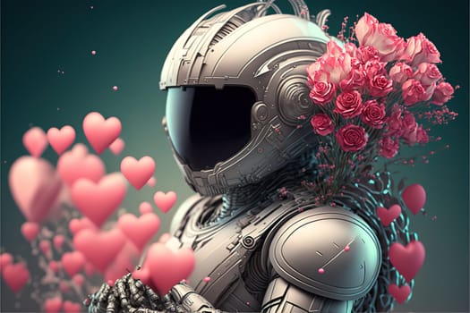 Futuristic love alien warrior astronaut robot in cyber suit, helmet made of fresh Spring flowers and hearts balloon, mask portrait. Valentine's Day from space. A fictional 3d character.
