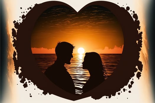 Young couple silhouette framed in heart, against the sunset and ocean, copy space, cartoon illustration.