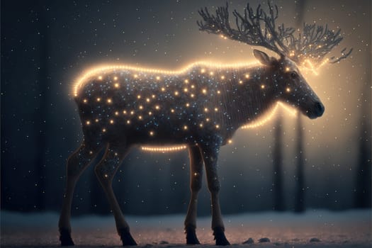 A magic festive reindeer covered in glowing lights in a winter scene.