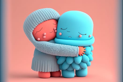 Two cute felt and rubber 3d render characters giving hugs to each others, agenerative id,valentine day or hugs day perfect illustration for poscards.