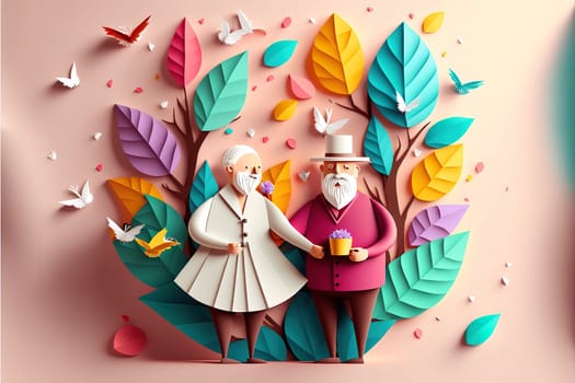 origami spring background, joyful elderly, happy couple, spring colorful. Paper cut craft, 3d paper illustration style, pop color. Valentine day concept. Love concept art.