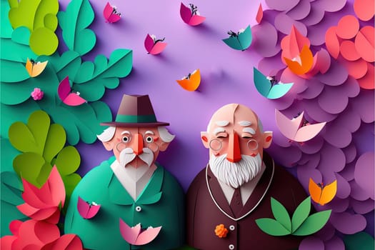 origami spring background, joyful elderly, happy couple, spring colorful. Paper cut craft, 3d paper illustration style, pop color. Valentine day concept. Love concept art.