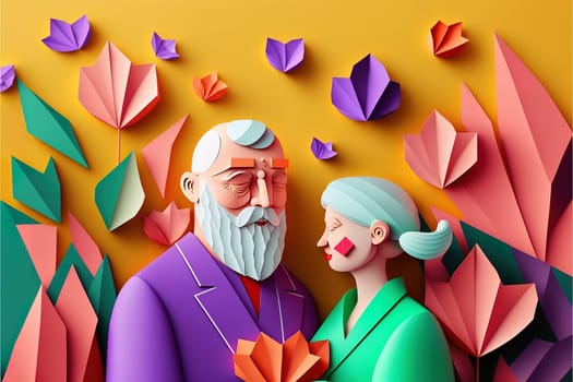 origami spring background, joyful elderly, happy couple, spring colorful. Paper cut craft, 3d paper illustration style, pop color. Valentine day concept. Love concept art.