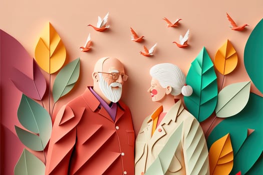 origami spring background, joyful elderly, happy couple, spring colorful. Paper cut craft, 3d paper illustration style, pop color. Valentine day concept. Love concept art.