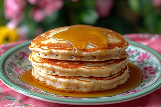 A stack of three golden pancakes topped with syrup rests on a floral-patterned plate, surrounded by colorful flowers in the background.