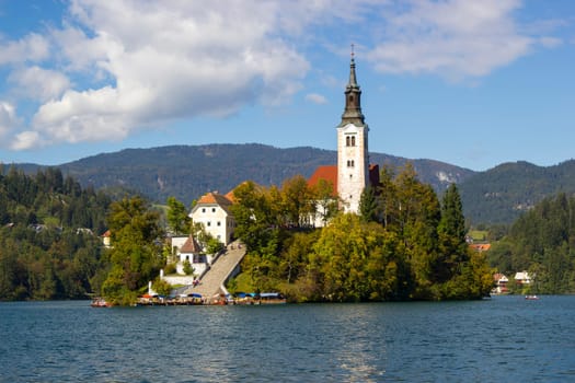 Catholic church on an island in the middle of the Bled lake in Slovenia