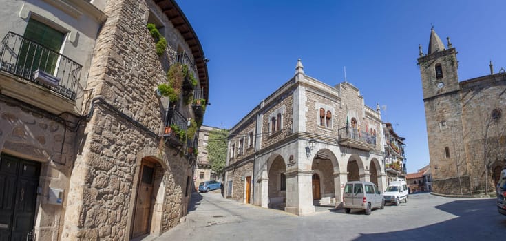 Hoyos, Spain - Feb 5th, 2022: Hoyos, beautiful little town in Sierra de Gata, Caceres, Extremadura, Spain. Plaza Mayor