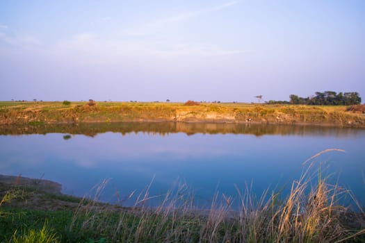 Arial View Canal with green grass and vegetation reflected in the water nearby Padma river in Bangladesh