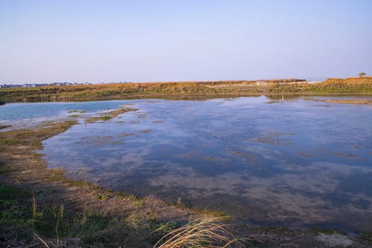 Crystal clear blue water lake landscape view nearby Padma river in Bangladesh