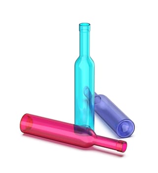 Three tall glass bottles with different colors on white background