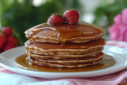 Stack of warm pancakes covered in golden syrup and adorned with ripe strawberries at a delightful morning gathering.