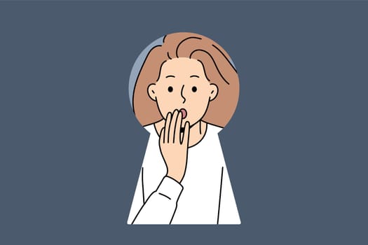 Stunned young woman look in lock hole shocked with unbelievable view. Amazed female feel surprised or astonished standing behind doors. Vector illustration.