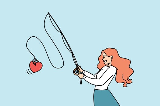 Smiling young woman with fishing rod catch heart on hook. Happy female make someone fall in love. Relationships and affection. Vector illustration.
