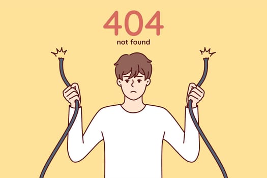 Eror 404 with sad man holding broken wire in hands and having trouble accessing internet site. Guy with damaged network cable symbolizing web error when trying to access server
