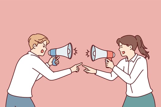 Aggressive men and women with megaphones quarreling and pointing fingers at each other. Guy and girl office employees are screaming trying to find culprit in losses of company